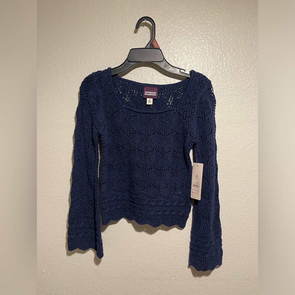 Navy Crochet Knit Long Sleeve Sweater - M